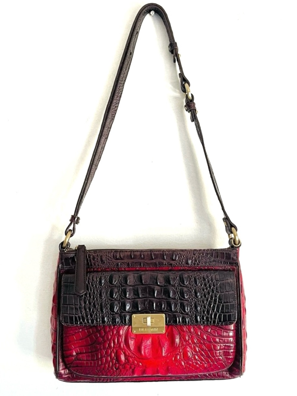 Brahmin Rosie Embossed Crock Leather Front Flap Pocket Bag Ruby Ombré Purple Red